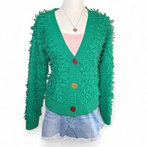 Fuzzy Green Ruffle Textured Cardigan With Colorful Buttons Holiday Fairycore